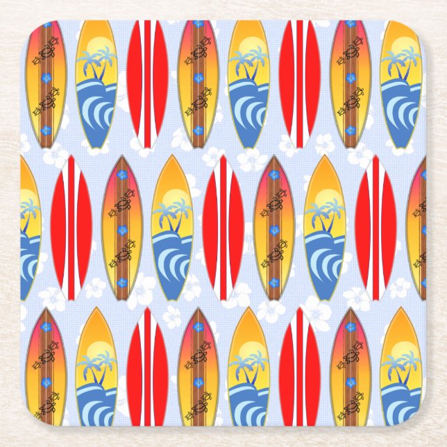 Posavasos Cuadrado De Papel Surfboards Retro Azul claro Hibiscus (Anverso)