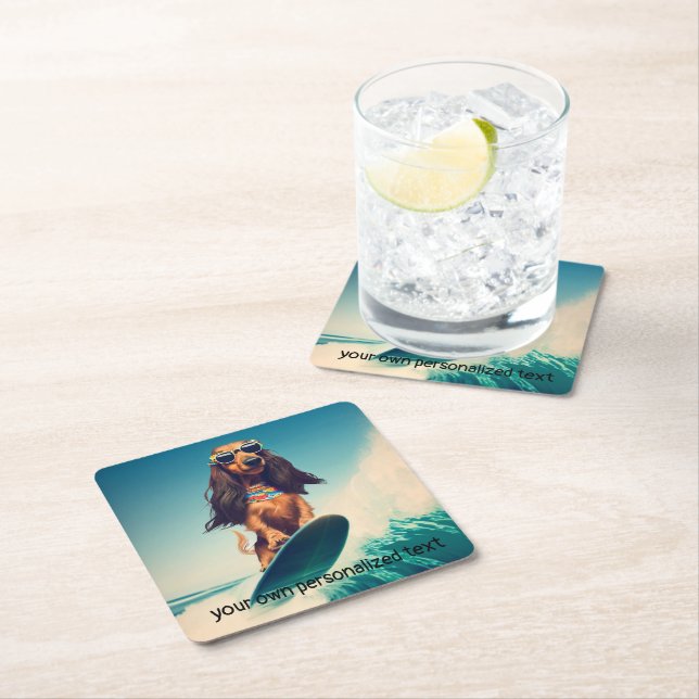 Posavasos Cuadrado De Papel Surfing Dachshund Bebe Coasters (In situ)