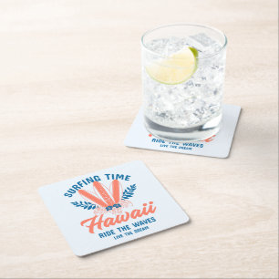 Posavasos Cuadrado De Papel Surfing Time Hawaii Monta las Olas