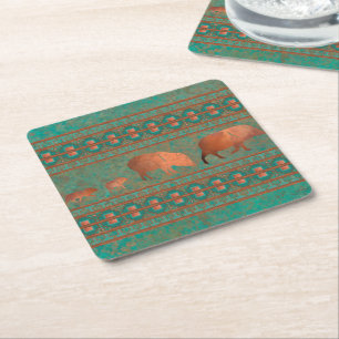 Posavasos Cuadrado De Papel Suroeste Diversión Javelina Familia Turquesa Cobre