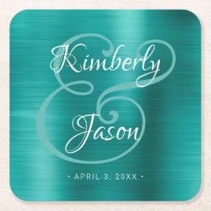 Posavasos Cuadrado De Papel Sus nombres de escritura, Boda Metalizado verde ce