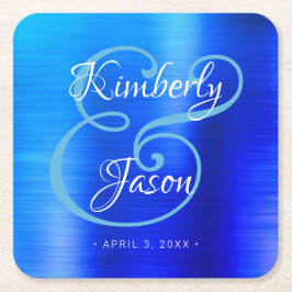 Posavasos Cuadrado De Papel Sus nombres y su guión, Boda Metalizado azul cepil