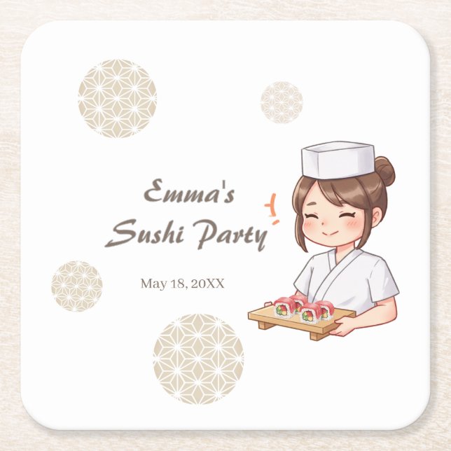 Posavasos Cuadrado De Papel Sushi Birthday Party Invitation with Cute Anime  (Anverso)