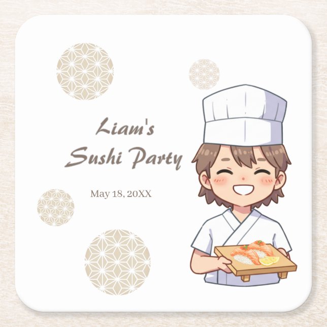 Posavasos Cuadrado De Papel Sushi Birthday Party Invitation with Cute Anime  (Anverso)