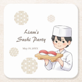Posavasos Cuadrado De Papel Sushi Birthday Party Invitation with Cute Anime 