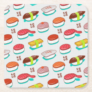 Posavasos Cuadrado De Papel Sushi de nigiri de época, patrón de doodle