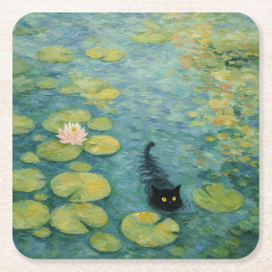 Posavasos Cuadrado De Papel Susurros junto al estanque de lirios – Gato negro