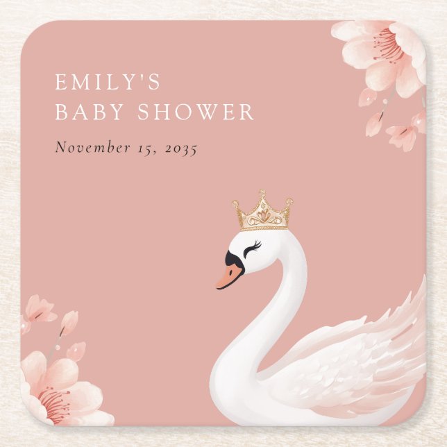 Posavasos Cuadrado De Papel Swan Little Princess Baby Shower (Anverso)