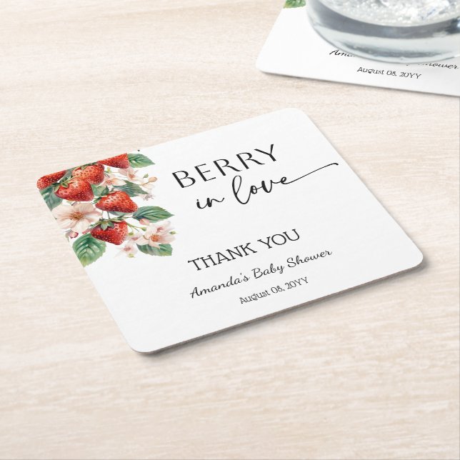 Posavasos Cuadrado De Papel Sweet Berry in Love Strawberry Bridal Shower (En perspectiva)