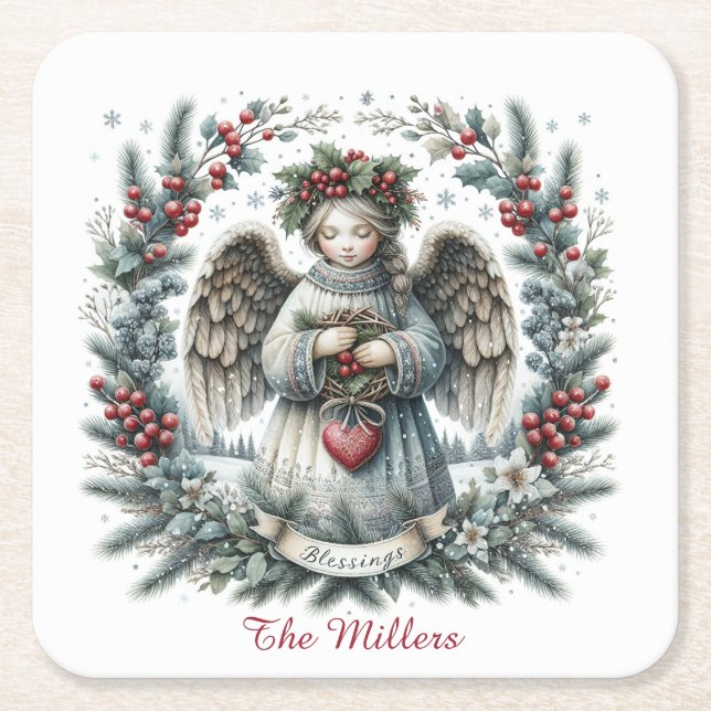 Posavasos Cuadrado De Papel Sweet Christmas Angel Personalize Name Set of 6  (Anverso)