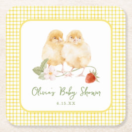 Posavasos Cuadrado De Papel Sweet Watercolor Strawberry Chicks Baby Shower