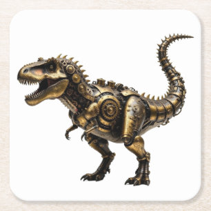 Posavasos Cuadrado De Papel T-Rex Mech Steampunk – Bestia Dino de Latón