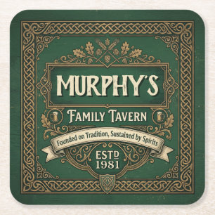 Posavasos Cuadrado De Papel Taberna Familiar Pub Irlandés Personalizado Verde 