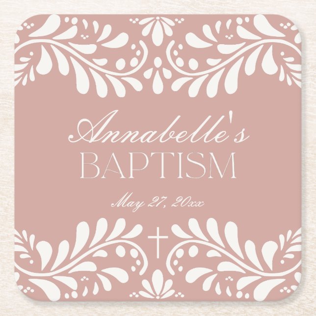 Posavasos Cuadrado De Papel Talavera rosa mosaico castellano Fiesta bautismo (Anverso)