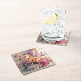Posavasos Cuadrado De Papel Tarjeta de bienvenida 3D Spring Flowers con Rosas