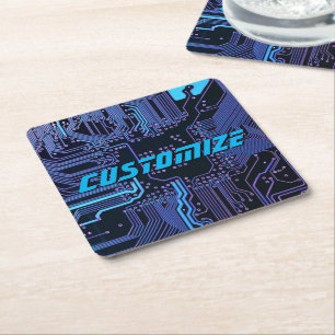 Posavasos Cuadrado De Papel Tarjeta de circuito electrónico azul del Personali