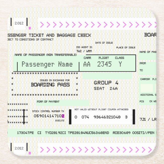 Posavasos Cuadrado De Papel Tarjeta de embarque de personalizable (Anverso)