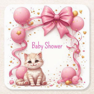 Posavasos Cuadrado De Papel Tarjeta de felicitación para baby shower de gatito