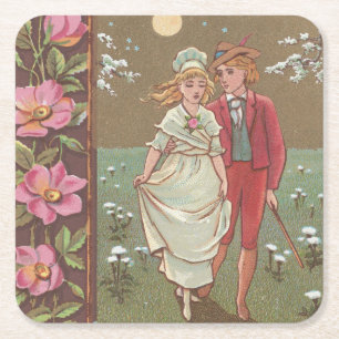 Posavasos Cuadrado De Papel Tarjeta Romántica Antigüa del Día de San Valentín,