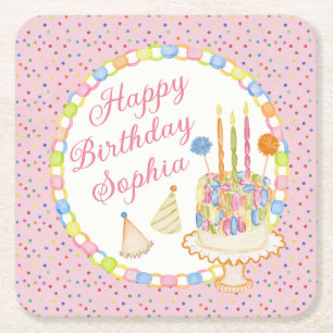 Posavasos Cuadrado De Papel Tarta de cumpleaños con confeti rosa
