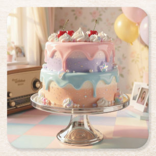 Posavasos Cuadrado De Papel Tarta de Cumpleaños de Vidrio Pastel con Cerezas