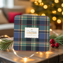 Posavasos Cuadrado De Papel Tartan de Navidad Azul Marino Verde ID1141B