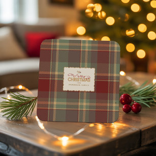 Posavasos Cuadrado De Papel Tartan de Navidad Ladrillo Rojo Verde ID1141A