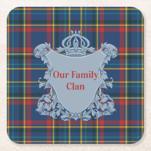 Posavasos Cuadrado De Papel Tartan Escocés a Cuadros, Nombre y Cresta