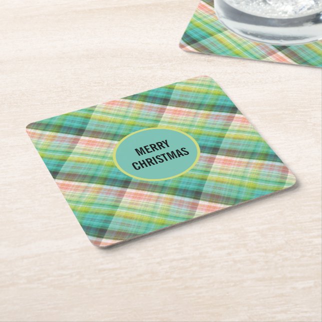 Posavasos Cuadrado De Papel Tartan Green Tan Plaid moderno (En perspectiva)