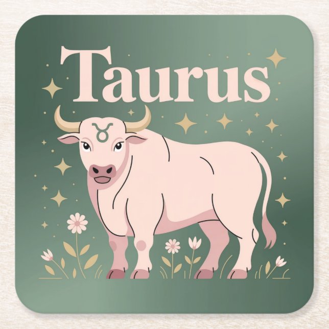 Posavasos Cuadrado De Papel Taurus Bull Starry Flowry Coaster Set (Anverso)