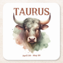 Posavasos Cuadrado De Papel Taurus Bull Watercolor Zodiac Rótulo Personalizado