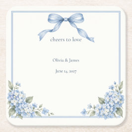 Posavasos Cuadrado De Papel Taza de cóctel de boda con lazo de hortensia azul