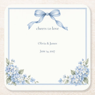 Posavasos Cuadrado De Papel Taza de cóctel de boda con lazo de hortensia azul