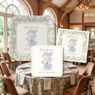 Posavasos Cuadrado De Papel Tazas de té apiladas Té de boda Vintage Acuarela S