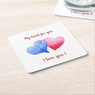 Posavasos Cuadrado De Papel Te amo El día de San Valentín de corazón rojo y az