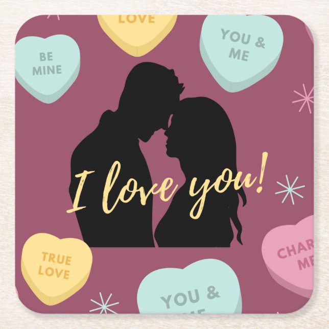 Posavasos Cuadrado De Papel Te Amo Pareja Candy Hearts (Anverso)