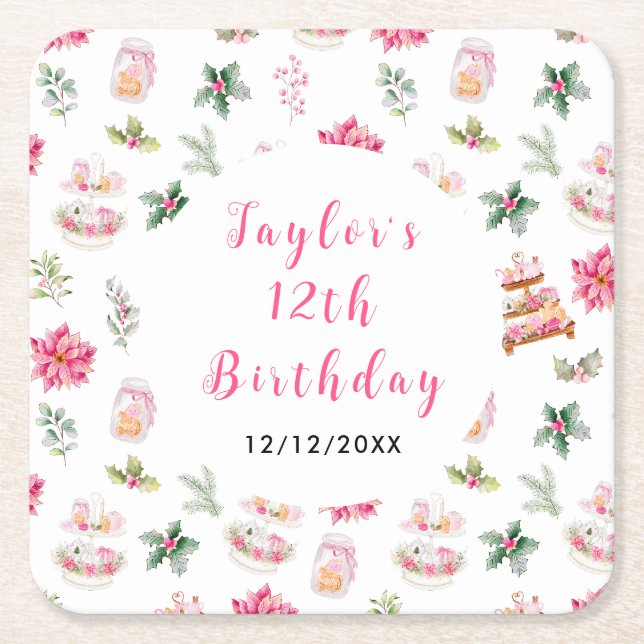 Posavasos Cuadrado De Papel Té de Navidad Fiesta de Cumpleaños Rosa (Anverso)