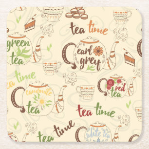 Posavasos Cuadrado De Papel Té, galletas y un boceto de tiempo para el té