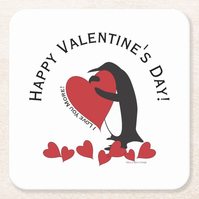 Posavasos Cuadrado De Papel ¡Te Quiero Más! - Penguin Hearts Valentine (Anverso)