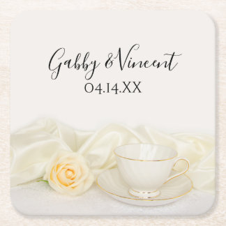 Posavasos Cuadrado De Papel Tea Cup y Boda de la Rosa Blanca