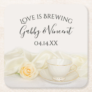 Posavasos Cuadrado De Papel Tea Cup y el amor de los Bodas de Rosa Blanca se e