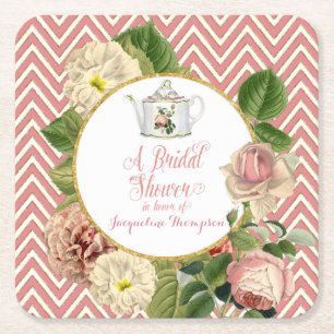 Posavasos Cuadrado De Papel Tea Fiesta Bridal Shower Chevron Stripes Rosa