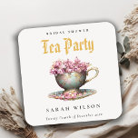 Posavasos Cuadrado De Papel Teacup floral de oro rosa ducha de novia Fiesta de<br><div class="desc">Colección temática Royal Pink Verde azulada Gold Floral Teacup.- es un elegante guion real Ilustracion acuarela de suave y delicada taza verde azulada de oro con flores rosa y borgoñona perfecta para tus fiestas de té. Es muy fácil de personalizar, con sus datos personales. Si necesita cualquier otro producto o...</div>