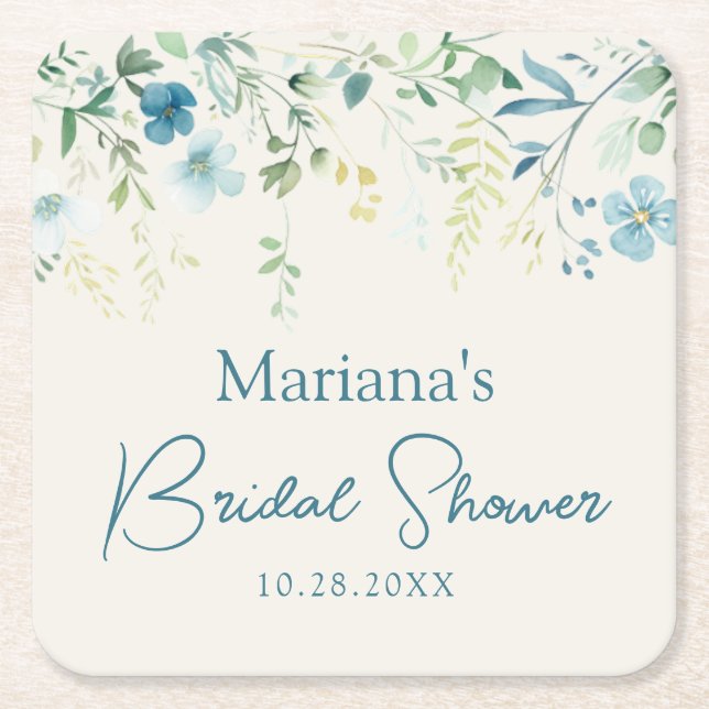 Posavasos Cuadrado De Papel Teal Blue Green Ivory Floral (Anverso)