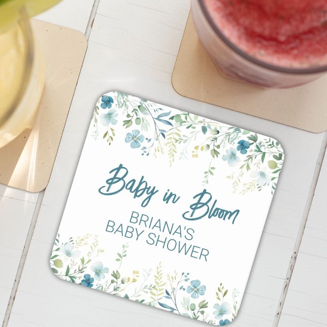 Posavasos Cuadrado De Papel Teal Wildflowers Boy Baby Shower (Subido por el creador)