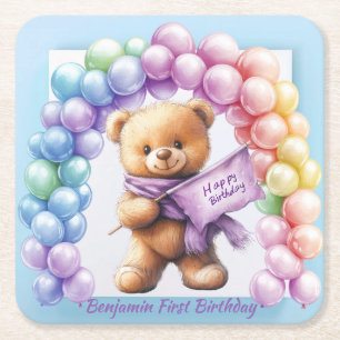 Posavasos Cuadrado De Papel Teddy Bear 1er cumpleaños Globos coloridos