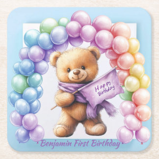 Posavasos Cuadrado De Papel Teddy Bear 1er cumpleaños Globos coloridos