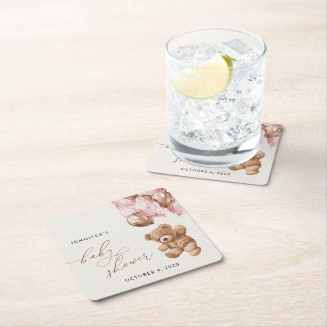 Posavasos Cuadrado De Papel Teddy Bear, Baby Bear, Pink Balloons, Baby Shower (In situ)