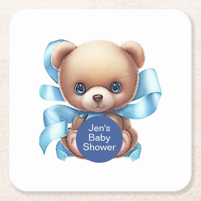Posavasos Cuadrado De Papel Teddy Bear Blue Baby Shower (Anverso)