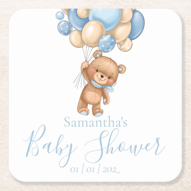 Posavasos Cuadrado De Papel Teddy Bear Blue Balloons Baby Shower (Anverso)